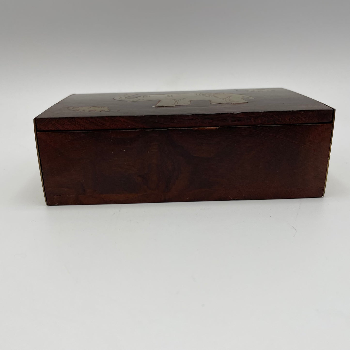 Wooden Trinket Box With Inlaid Brass Elephants