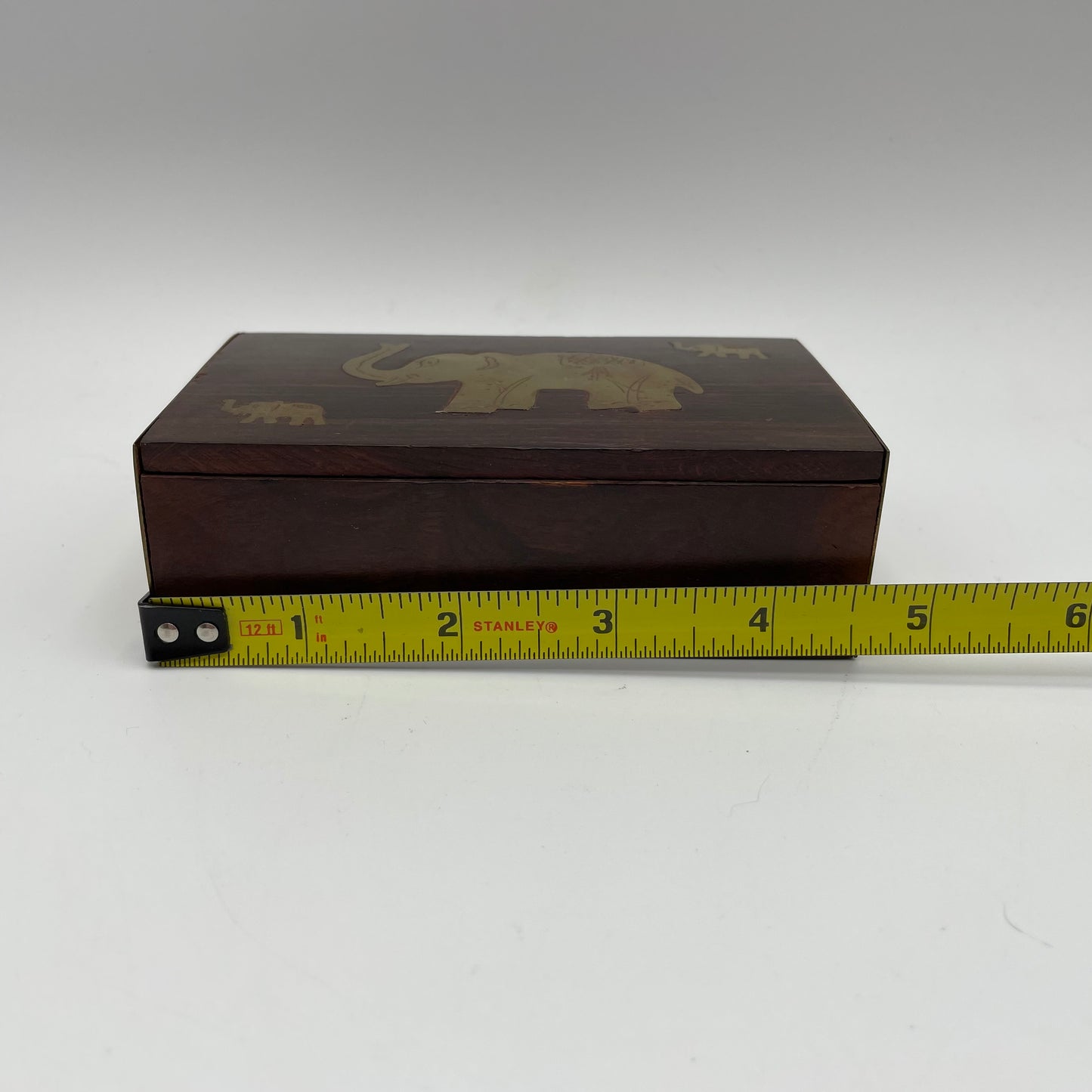 Wooden Trinket Box With Inlaid Brass Elephants