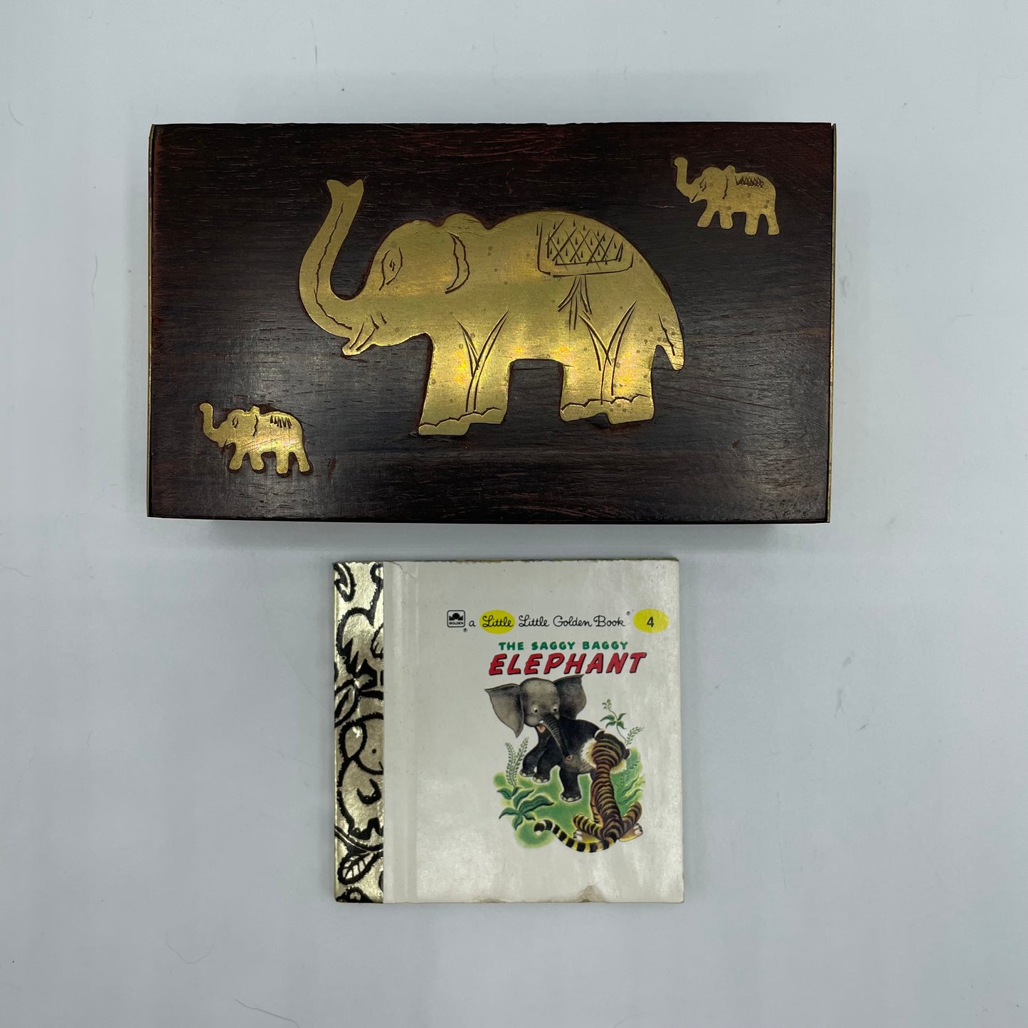 Wooden Trinket Box With Inlaid Brass Elephants