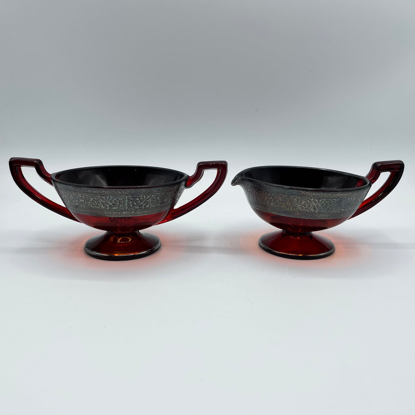 Vintage Sugar Bowl & Creamer, Red Glass With Silver Overlay