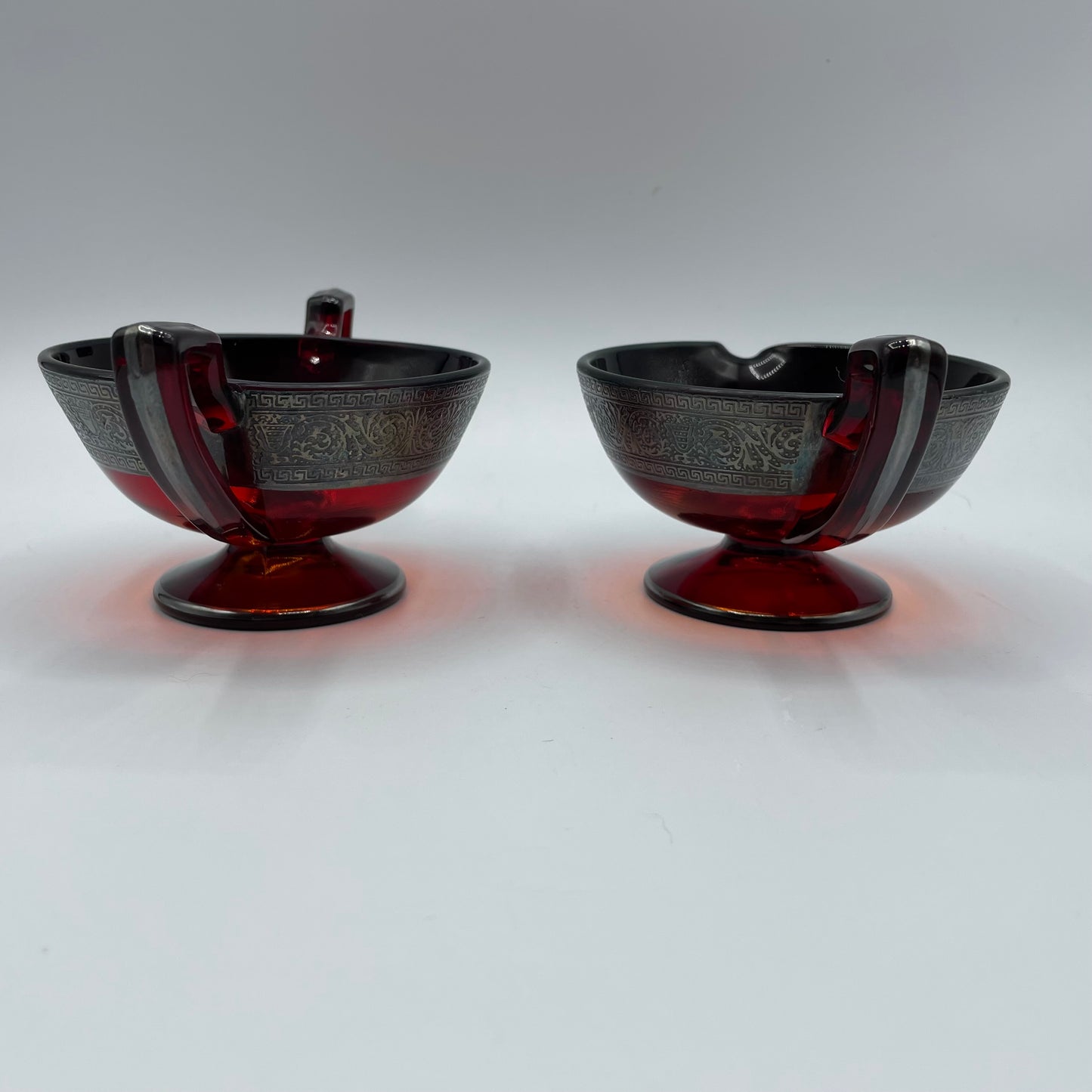 Vintage Sugar Bowl & Creamer, Red Glass With Silver Overlay