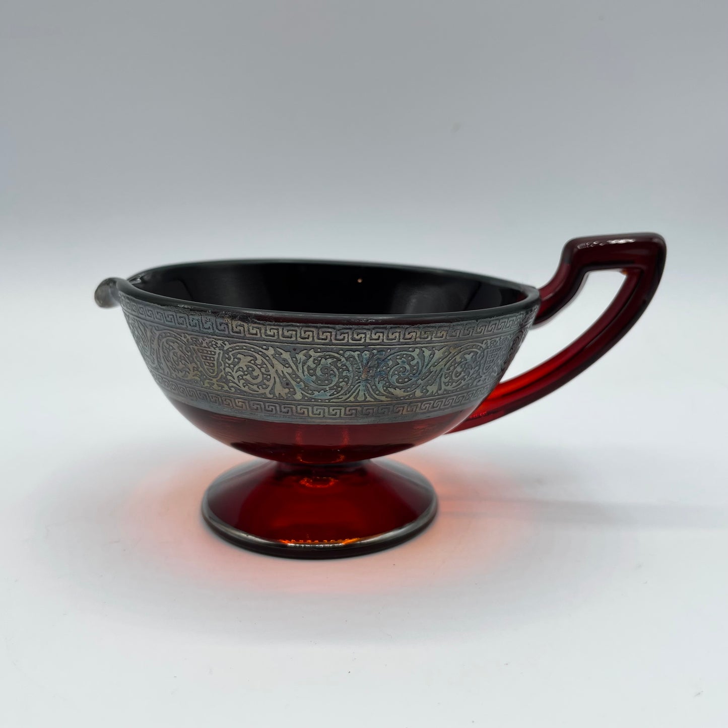 Vintage Sugar Bowl & Creamer, Red Glass With Silver Overlay