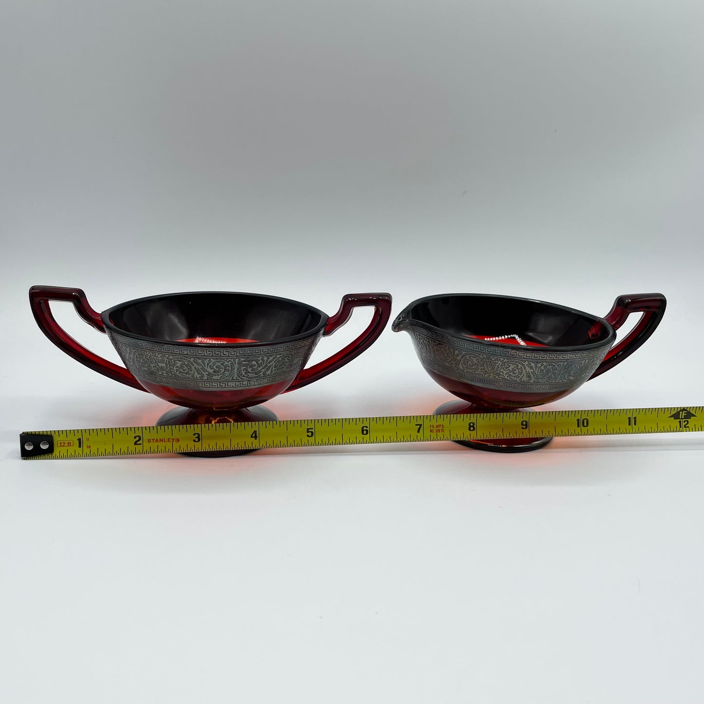 Vintage Sugar Bowl & Creamer, Red Glass With Silver Overlay