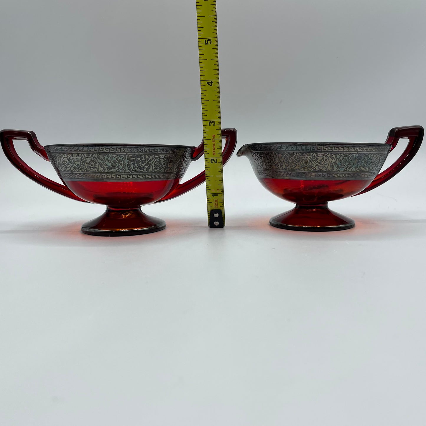 Vintage Sugar Bowl & Creamer, Red Glass With Silver Overlay