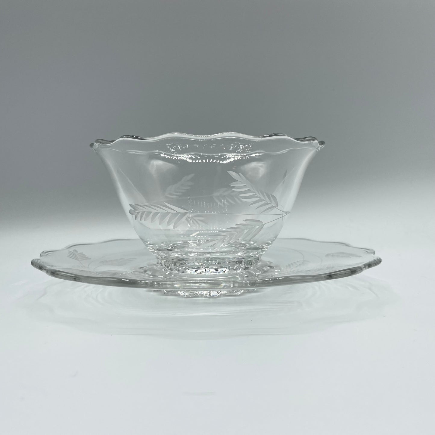 Vintage Condiment Bowl and Underplate, Etched With Wheat Pattern